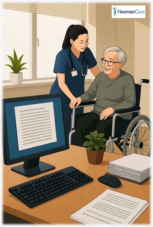 אילוסטרציה של רופאה/אחות שמטפלת בקשיש סיעודי